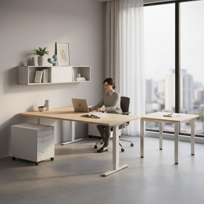 Bureau modulaire, design épuré et flexible pour optimiser l'espace de travail à domicile ou en entreprise.